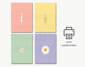 Lot de 4 cartes de Pâques à imprimer A6, cartes postales colorées Joyeuses Pâques, cartes de Pâques imprimables sous forme de fichier numérique & téléchargement immédiat