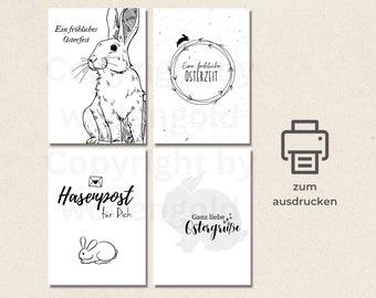 4er Osterkarten Set zum ausdrucken A6 schwarz/weiß, minimalistische Postkarten Frohe Ostern, druckbare Osterkarten Printable