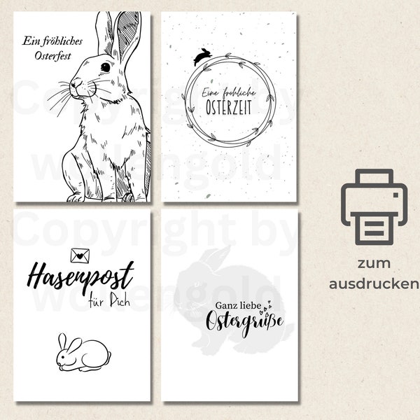 4er Osterkarten Set zum ausdrucken A6 schwarz/weiß, minimalistische Postkarten Frohe Ostern, druckbare Osterkarten Printable