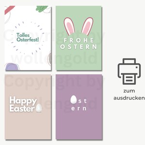 Juego de 4 tarjetas de Pascua para imprimir A6 con huevo de Pascua, postales coloridas Felices Pascuas, tarjetas imprimibles como archivos digitales y descarga instantánea