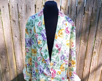 Size L/XL Plus Size Vintage Blazer/'Oversized' Floral Blazer/Long Blazer for Many Sizes! w/Pockets/Pastel Flowers**Looks Like Linen*