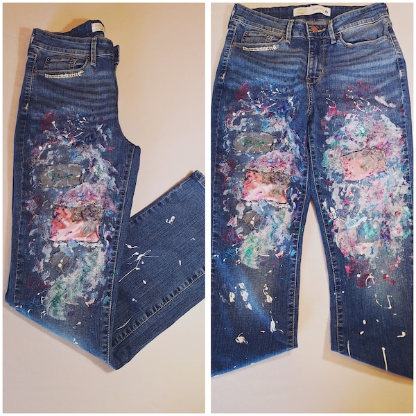 Upcycled Paint Splatter Art Jeans/Barbie Core/Glam Glitter Grunge/ Patched & DISTRESSED/Abstract Expressionist Levis Jeans