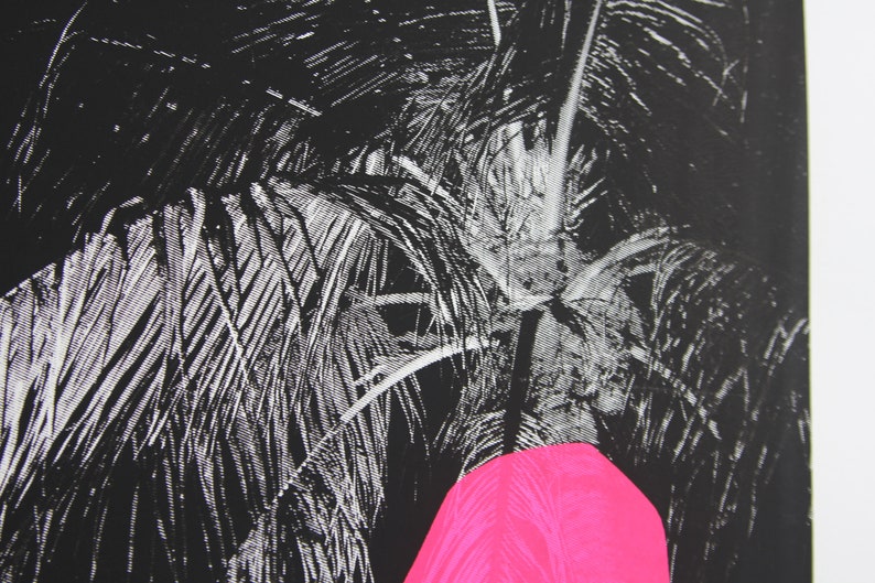 Puede incluir: Ilustraci&oacute;n en blanco y negro de palmeras con un c&iacute;rculo rosa brillante en la esquina inferior derecha.