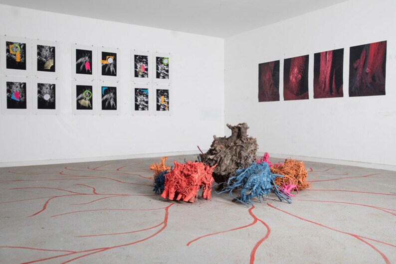 Puede incluir: Un espacio de galer&iacute;a blanco con una gran escultura abstracta hecha de varios materiales, incluyendo madera, metal y tela. La escultura est&aacute; pintada en tonos de azul, naranja y rosa. La escultura est&aacute; rodeada por una l&iacute;nea roja pintada en el suelo. Las paredes est&aacute;n decoradas con obras de arte enmarcadas en blanco y negro.
