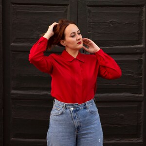 Red Satin Blouse Long Sleeve Mock Neck Career Top Shiny Silky Shirt Woman/'s Vintage 80/'s Size 8 Retro Vibrant Spring Summer Nautical