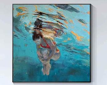 Diving oil painting diving wall art swimming girl painting blue abstract art diving in oceanSensual Woman Swimming Hand Canvas  Abstract ART