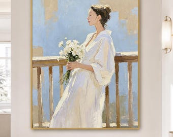 Woman with Flowers Wall Art Soft Blue White Dress Canvas Painting for Entryway Decor