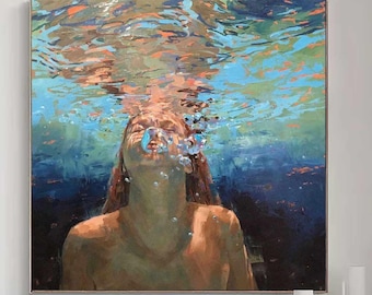 Diving oil painting diving wall art swimming girl painting blue abstract art diving in oceanSensual Woman Swimming Handmade Canvas wall art
