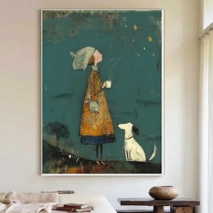 Girl and Dog Wall Art Teal Folk Canvas Painting for Living Room Whimsical Decor