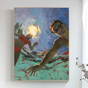 Diving Oil Painting: Abstract Swimming Pool Art, Woman in Water