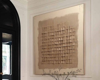 Beige Brown Wabi Sabi Wall Art 3D Grid Texture Canvas Painting for Office Decor