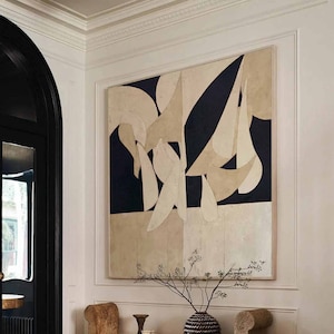 Beiges Wandbild neutrales beiges und schwarzes Gemälde auf Leinwand Wabi Sabi geometrisches Wandbild Beiges großes Bild Wabi Sabi