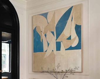 Beige & Blue Abstract Painting: Wabi Sabi Wall Art