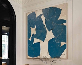Beige & Blue Abstract Painting: Wabi Sabi Wall Art