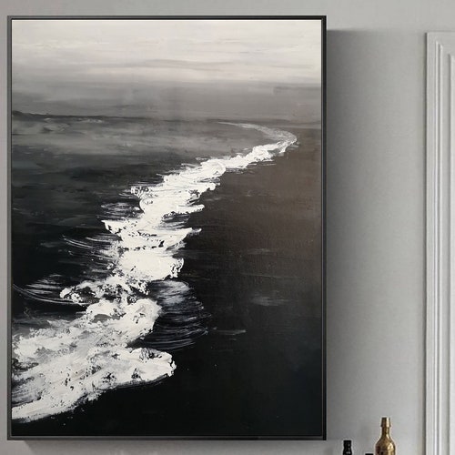 Large Black White Canvas Art Ocean Painting Coastal Wall Art Etsy