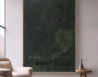 Large Dark Green Abstract Wall Art Wabi Sabi Canvas Painting for Living Room Decor