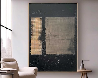 Black Beige Wabi Sabi Wall Art Textured Grid Canvas Painting for Living Room Decor