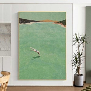 Seascape Painting: Man Diving into Sea Green Ocean, Retro Wall Art