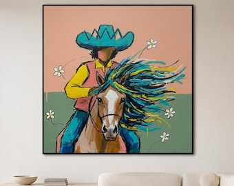 Cowboy Horse Wall Art Colorful Western Canvas Painting for Bedroom Ranch Decor