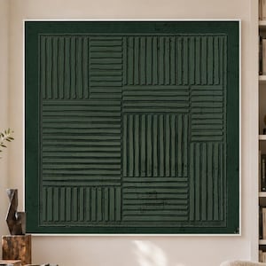 Dark Green Grid Wall Art Square Geometric Relief Canvas Painting for Modern Office Decor