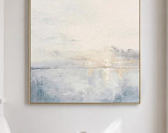 Large Ocean Sunset Wall Art Soft Blue Seascape Canvas Painting for Living Room Decor
