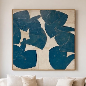 Blue Beige Organic Shape Wall Art Abstract Botanical Canvas Painting for Living Room Decor