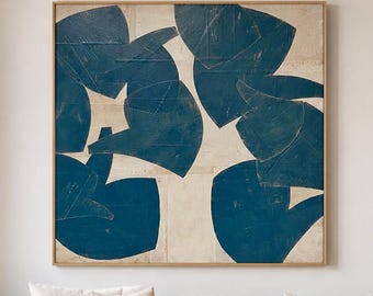 Blue Beige Organic Shape Wall Art Abstract Botanical Canvas Painting for Living Room Decor