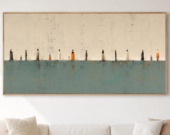 Teal Beige Gallery Wall Art Minimalist Tiny Figures Canvas for Living Room Decor