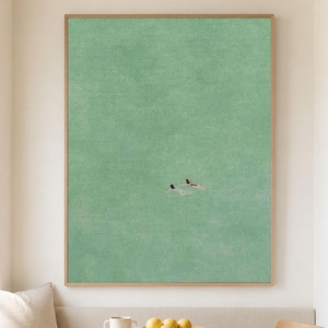 Sea Green Ocean Swimmers Wall Art Minimal Seascape Canvas Painting for Coastal Bathroom Decor
