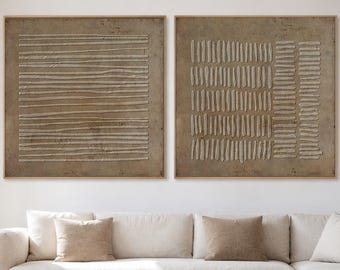 Set di 2 quadri Wabi Sabi su tela in gesso marrone per soggiorno.
