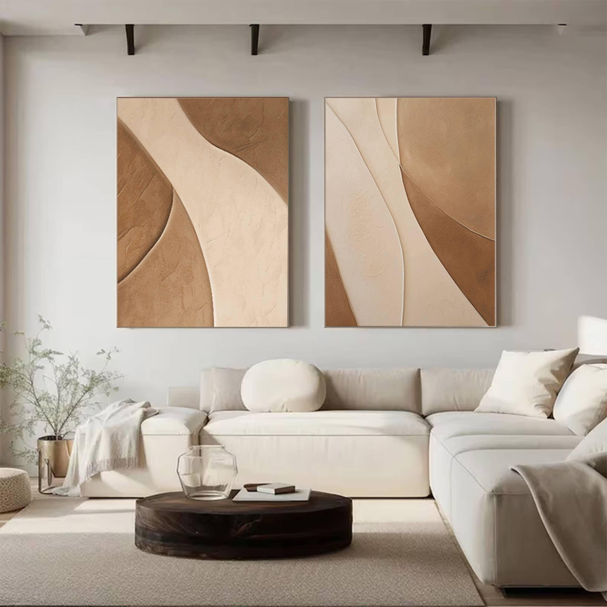 Set of 2 Wabi-Sabi Wall Art： Brown Beige Minimalist Canvas Paintings