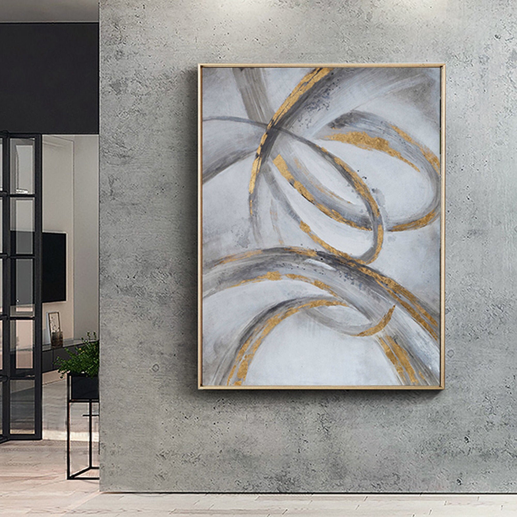 Large wall art black and gold wall decor grey painting gold Etsy