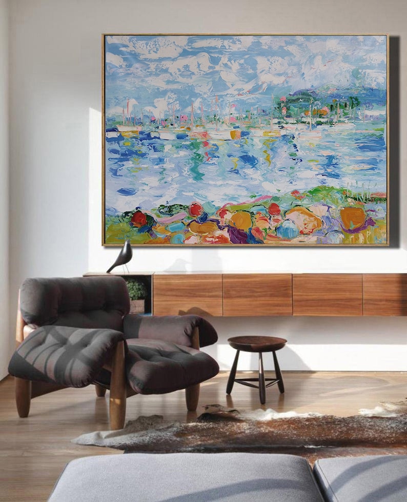 large abstract ocean painting coastal painting sailboat painting blue sea abstract painting seascape painting landscape painting on canvas