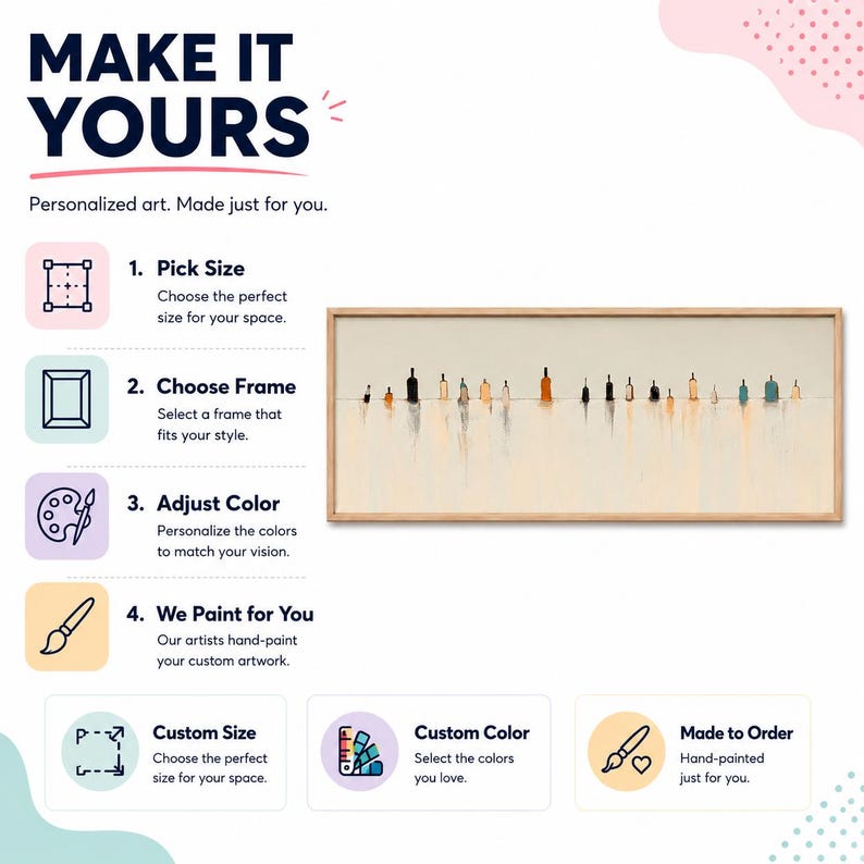 May include: A horizontal rectangular painting in a light wood frame featuring a series of small, dark, and neutral-toned bottle silhouettes arranged in a line against a pale background, with soft, vertical reflections extending downward.