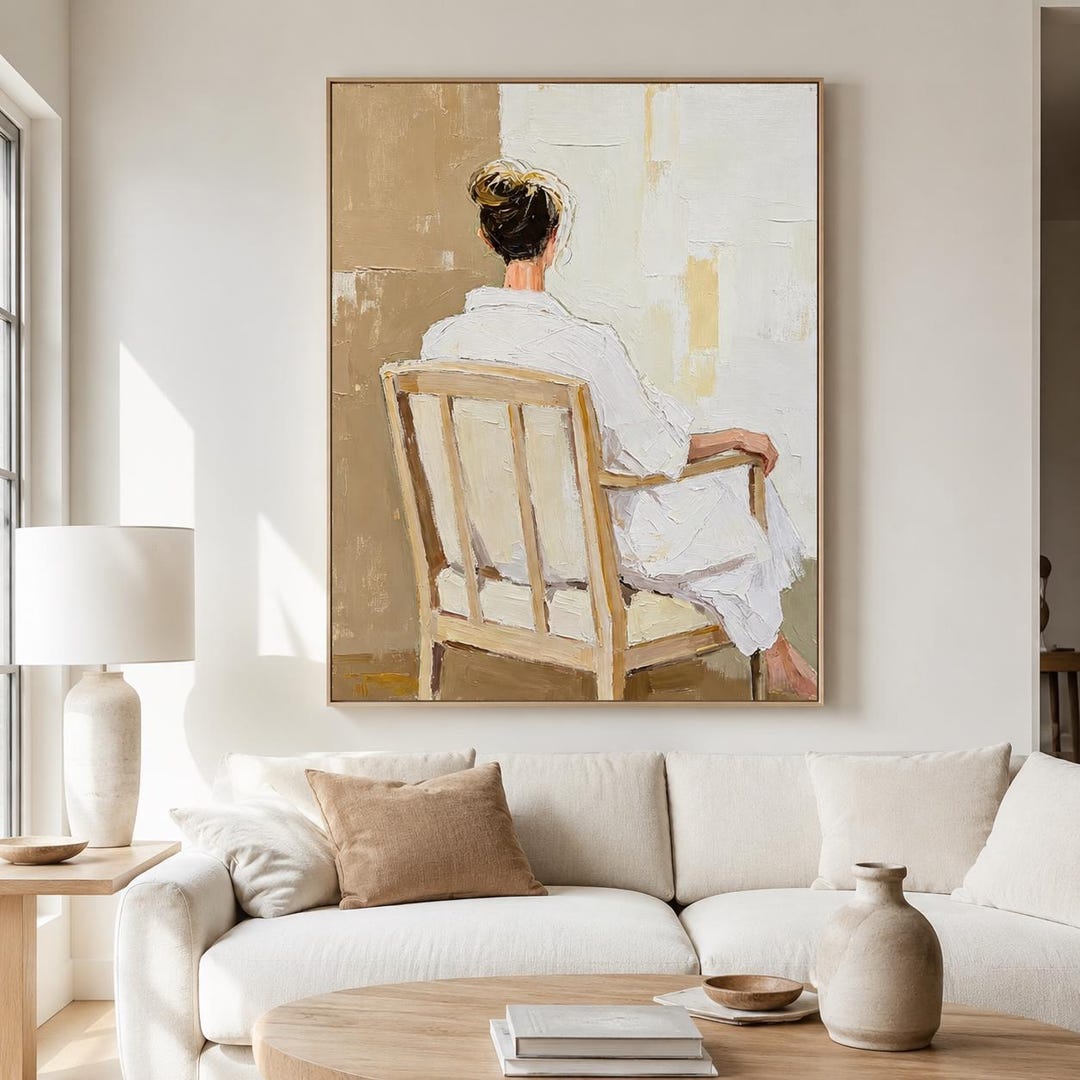 Woman Back Figure Wall Art Neutral Beige White Robe Canvas Painting for ...