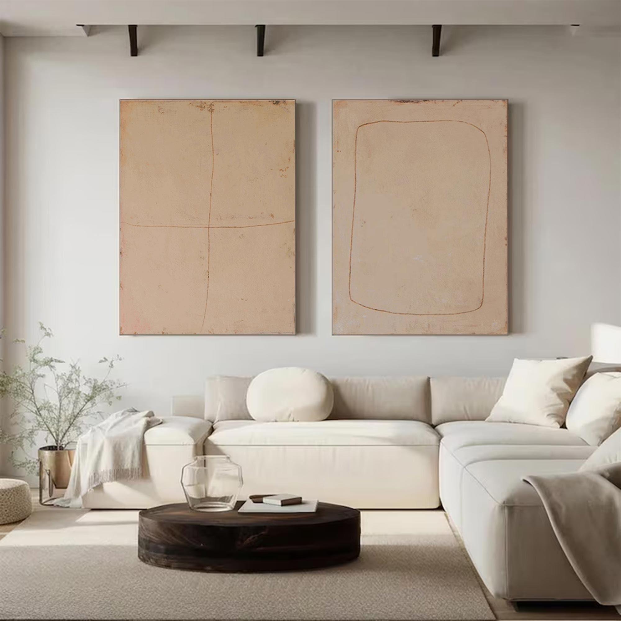 Wabi-Sabi Wall Art： Set of 2 Brown Beige Minimalist Canvas Pieces