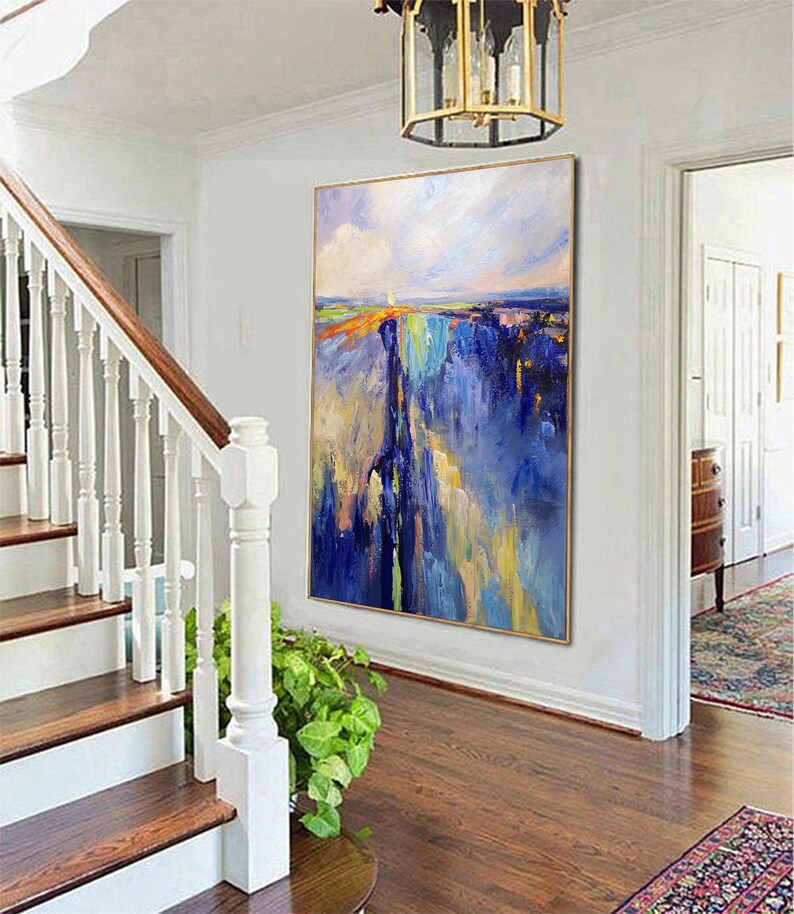 Large Abstract art Canvas oversize wall art Blue white Etsy