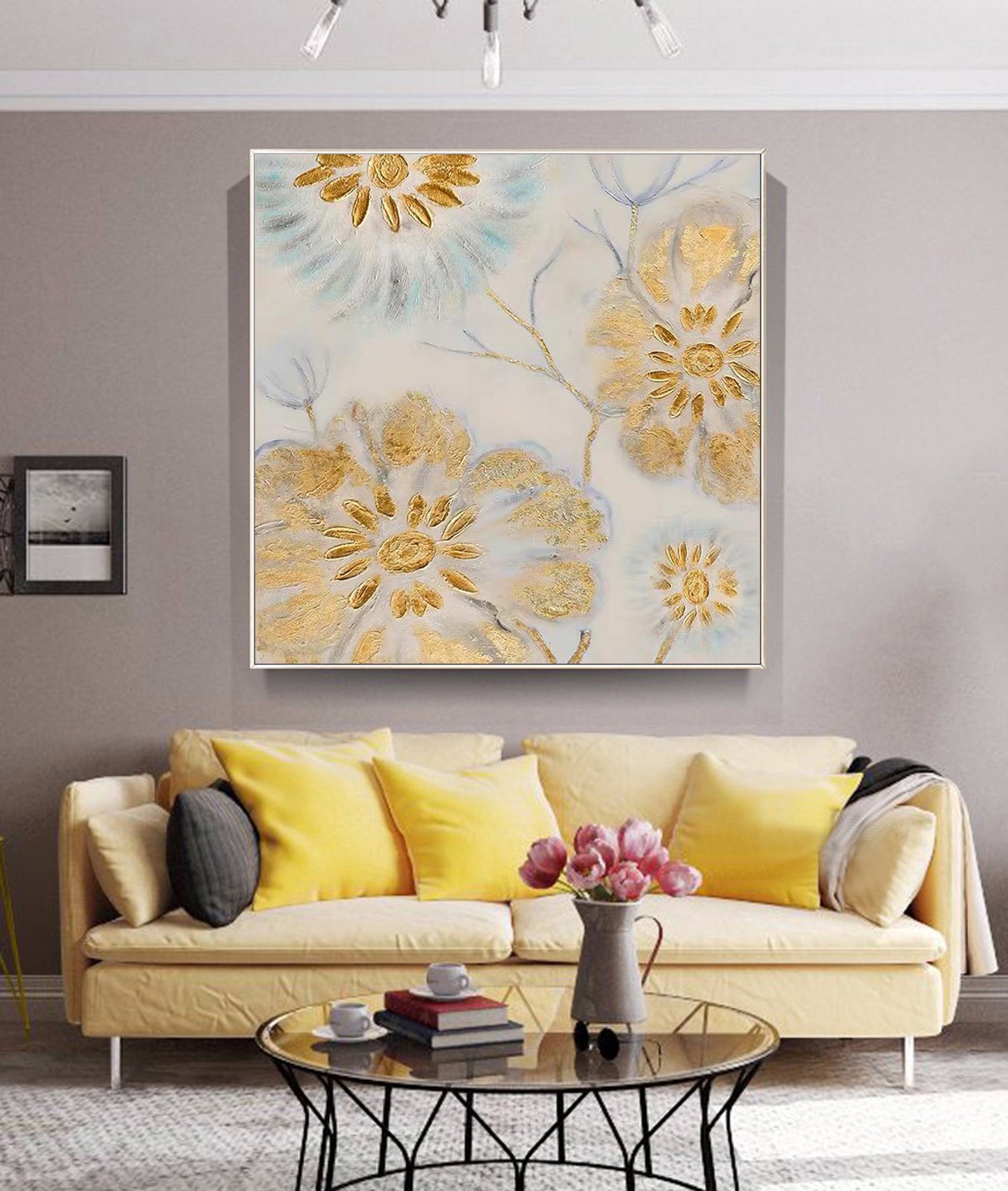 Large gold wall art decor gold wall painting big gold leaf Etsy