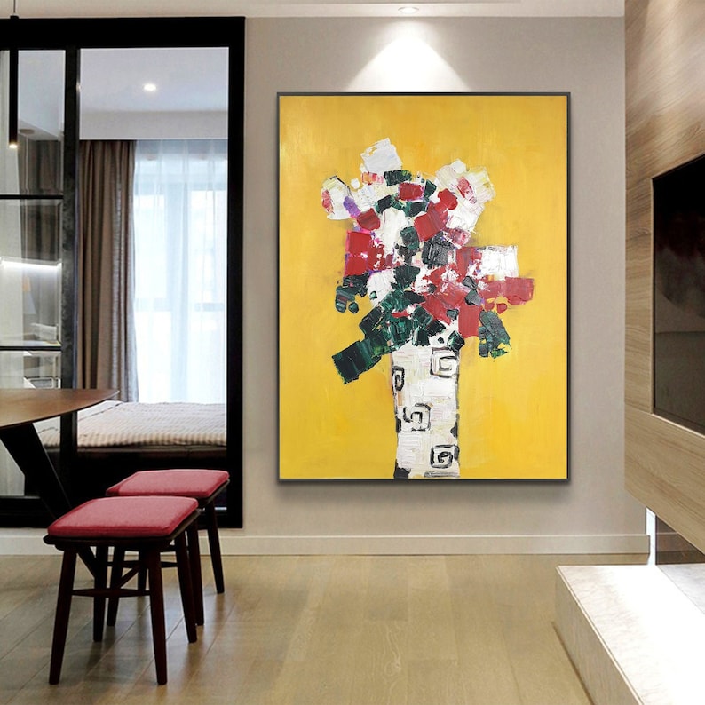 Flower painting on canvas abstract floral oil painting garden painting yellow painting green painting flower abstract art mother/'s day gift