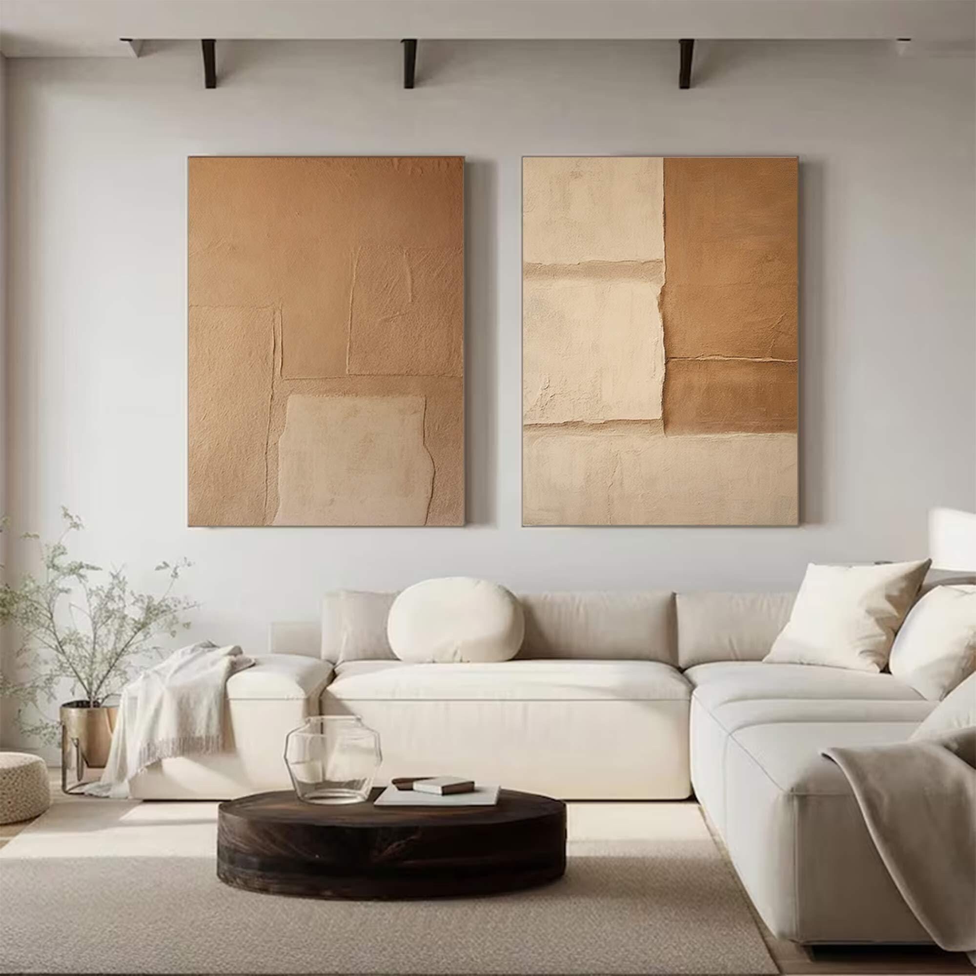 Wabi-Sabi Wall Art： Set of 2 Brown Beige Minimalist Paintings