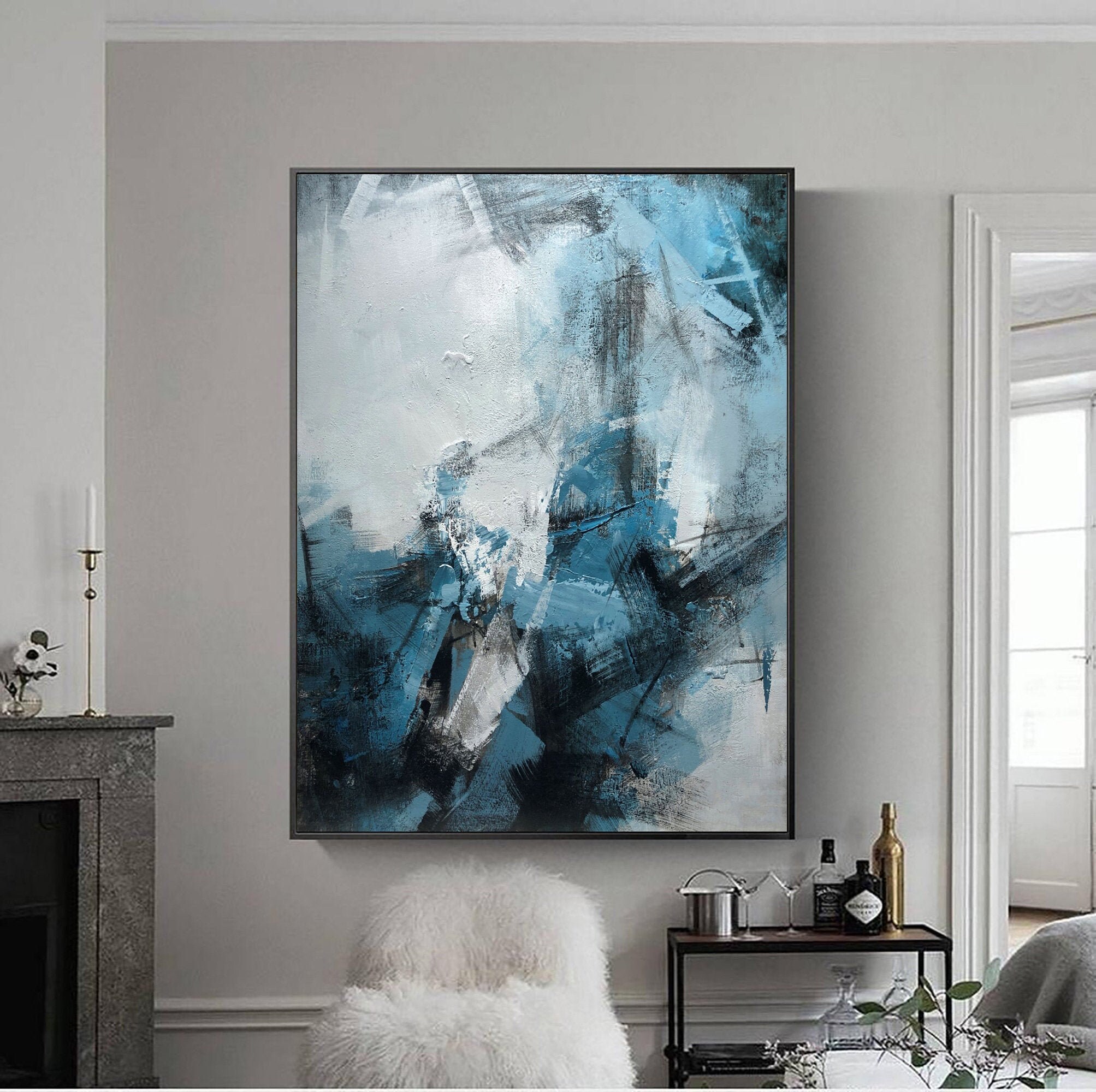 Large Blue abstract canvas art white wall painting blue and Etsy
