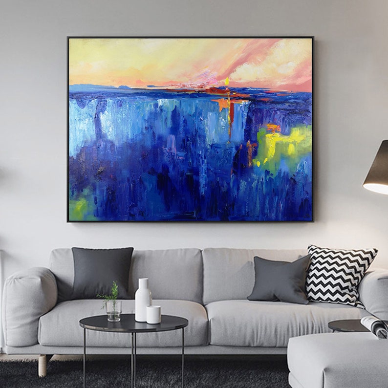 Large blue Abstract Canvas art ocean painting coastal wall art Etsy