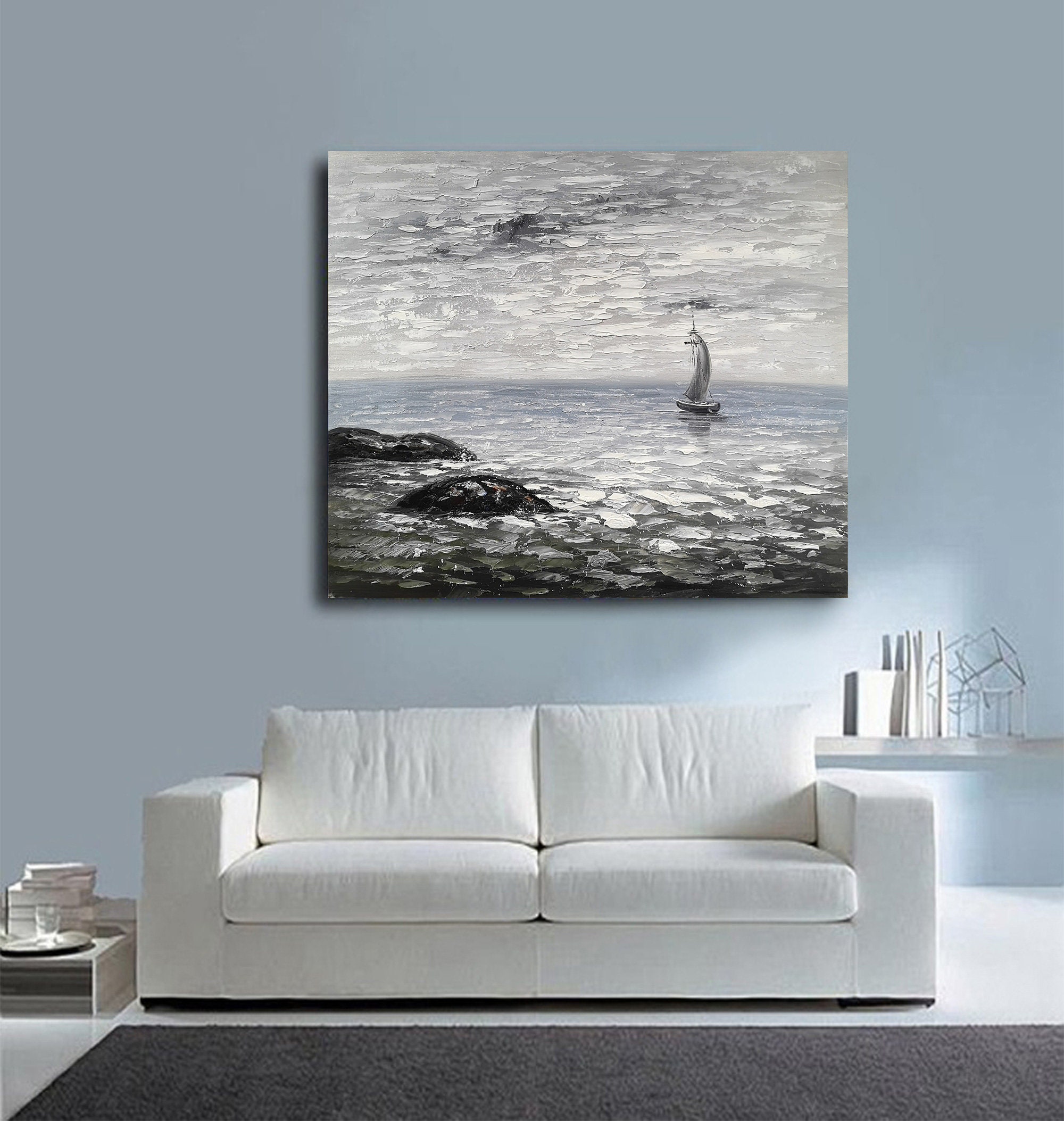 Large black and white ocean painting coastal wall art beach Etsy