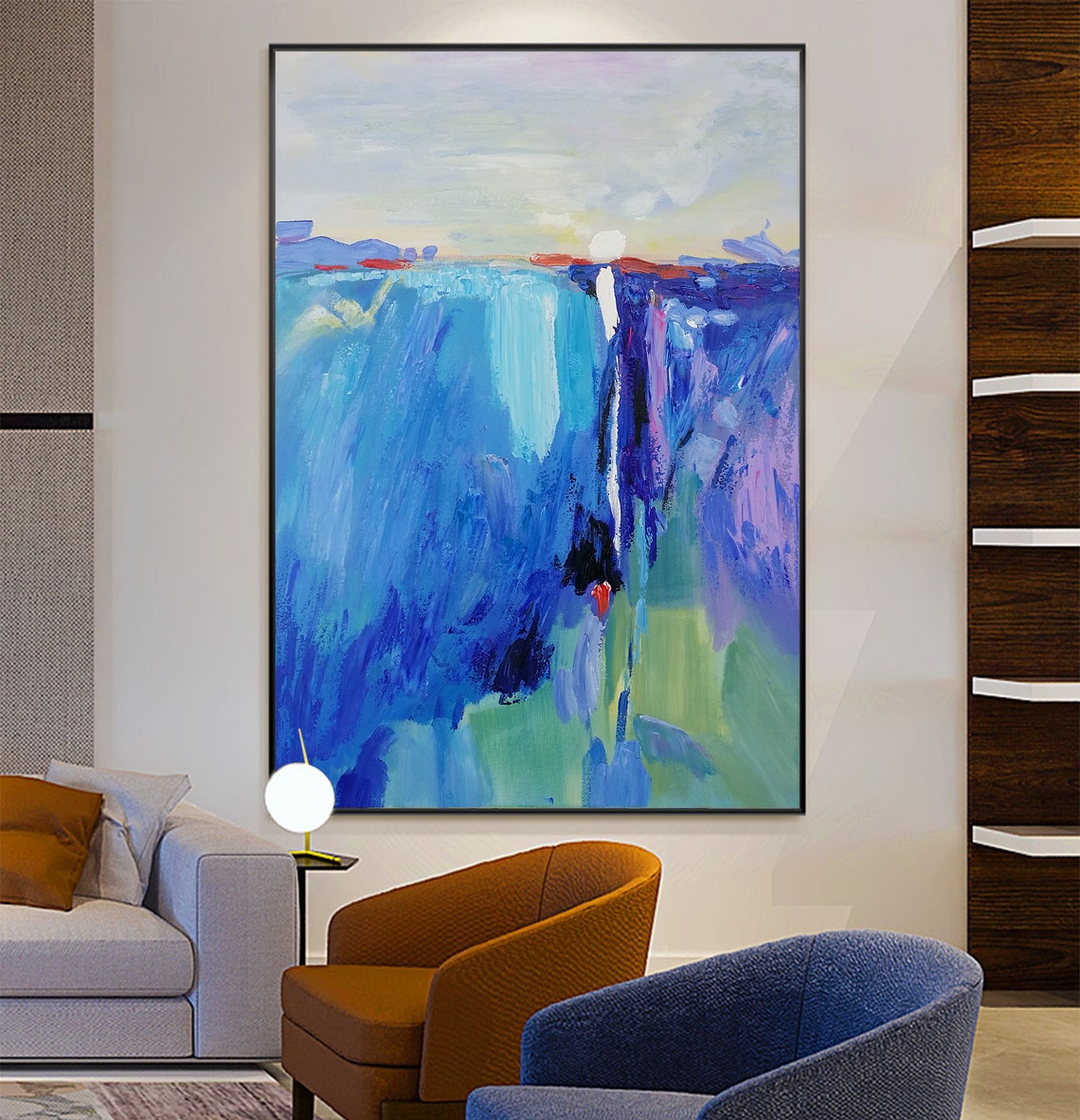 Large Abstract art Canvas oversize wall art Blue white Etsy