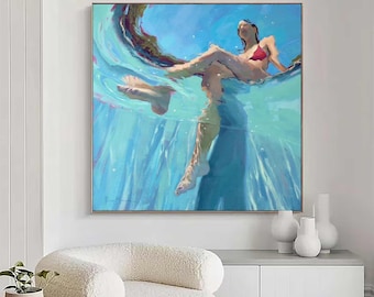 Underwater Swimmer Figure Wall Art Turquoise Blue Pool Canvas Painting for Modern Bathroom Decor