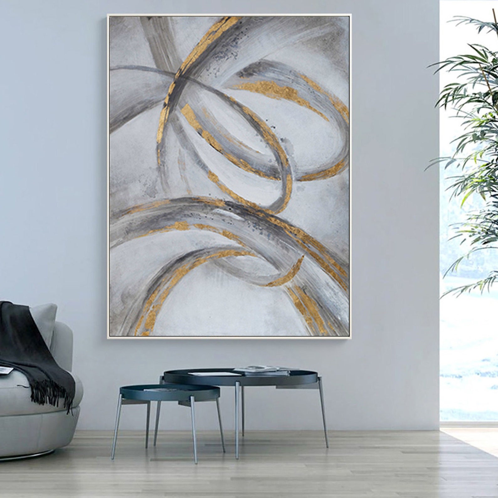 Gold Wall Painting Grey Wall Art Gold Line Wall Painting Grey Etsy