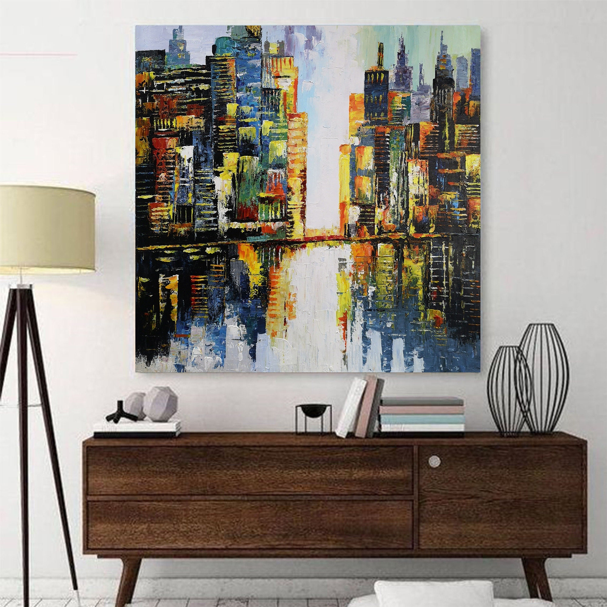 Large City abstract painting night City painting New York | Etsy