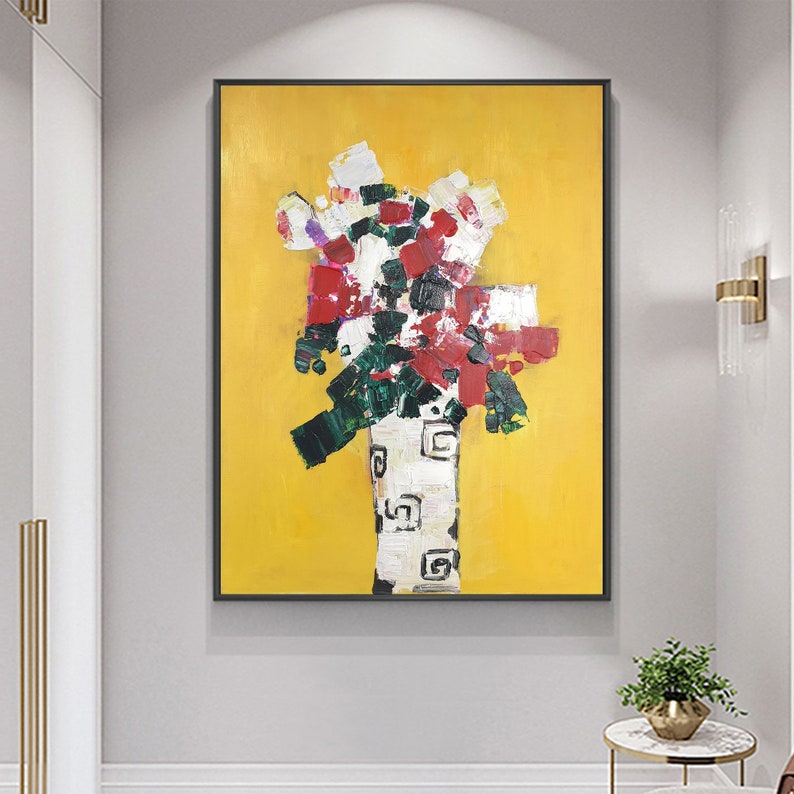 Flower painting on canvas abstract floral oil painting garden painting yellow painting green painting flower abstract art mother/'s day gift