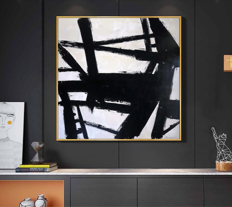 Large Black White Art Canvas Modern Wall Painting Black and Etsy