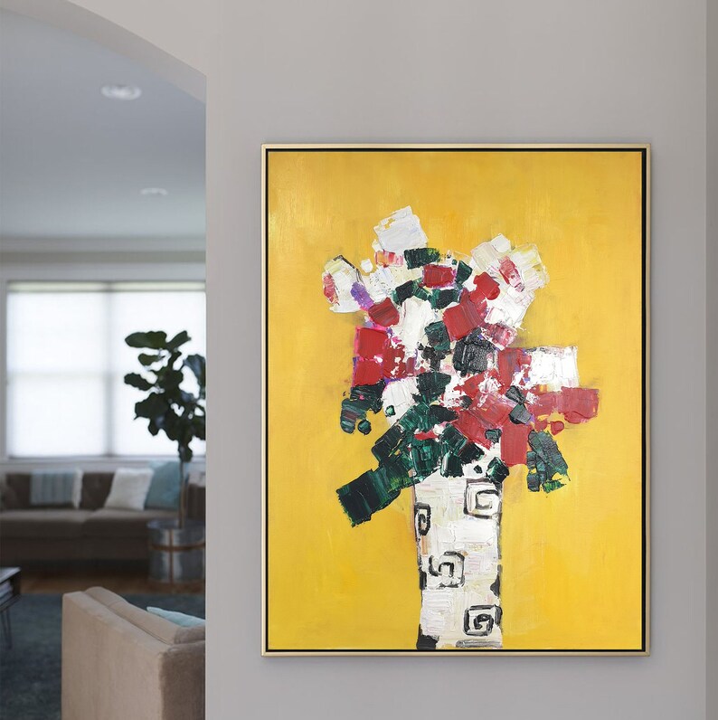 Flower painting on canvas abstract floral oil painting garden painting yellow painting green painting flower abstract art mother/'s day gift